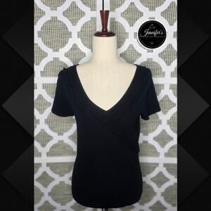 Cable and Gauge Black Double Silk Chiffon Ruffle Short Sleeve Sweater Top Medium